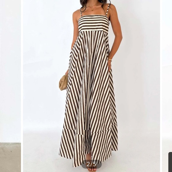 COMMENSE Brown White Stripe Maxi Dress NWT - Picture 1 of 8